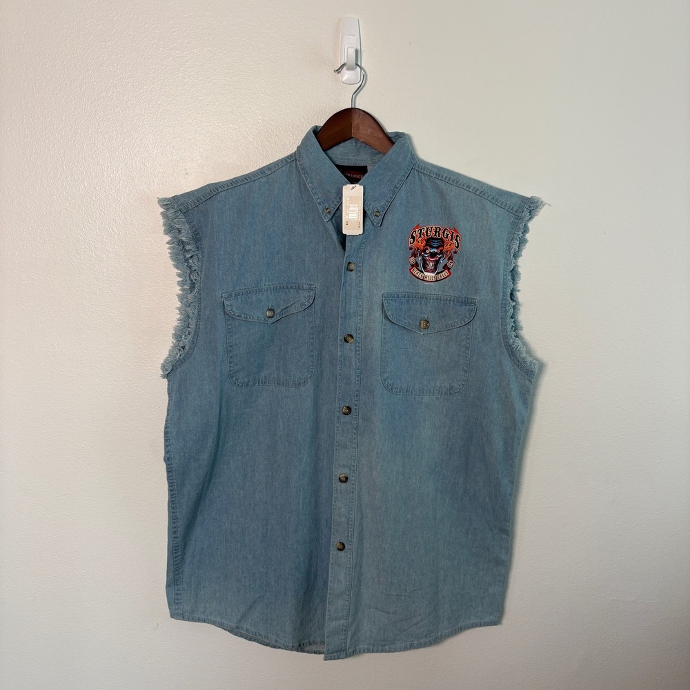 Biker's Edge Sturgis 2008 Black Hills Rally Sleeveless Denim Shirt Men Large NWT